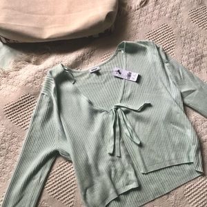 Light aqua/sea foam green tie cardigan/sweater